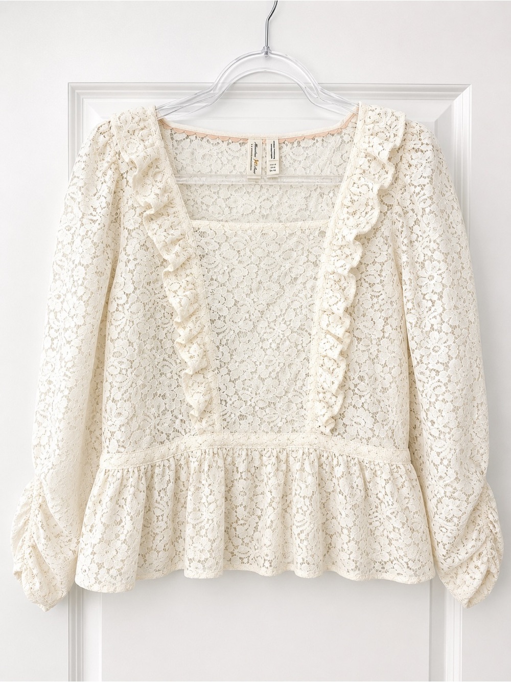 Anthropologie Meadow Rue Ivory Lace Peplum Blouse Ruffle Sleeve 8